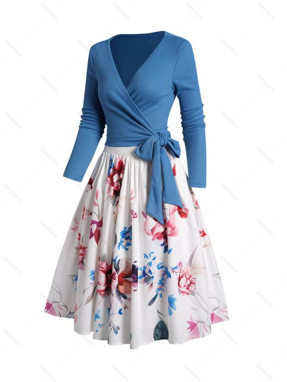 Ensemble de Top Enveloppé en Couleur Unie en Tricot Croisé et Jupe Mi-Longue à Imprimé Fleur - Bleu XXL