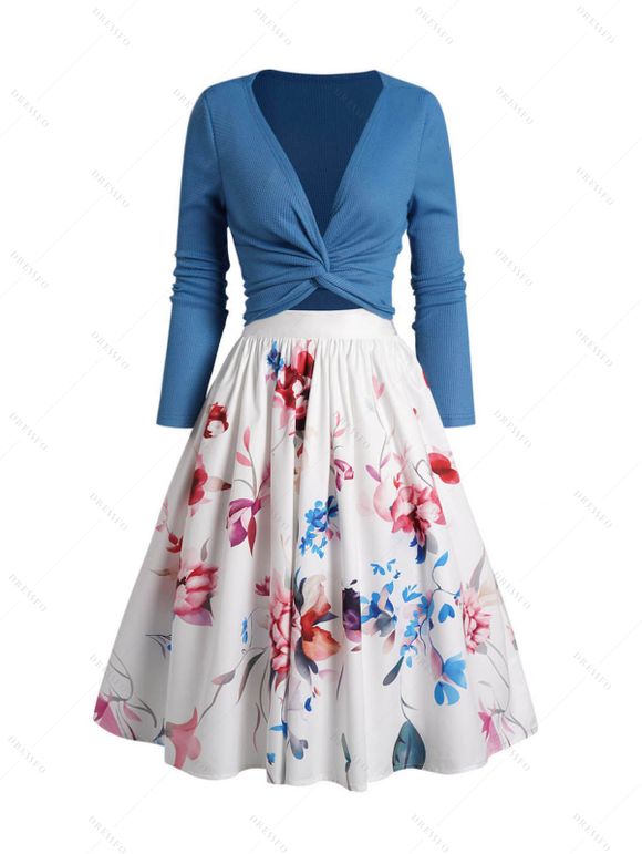Ensemble de Top Enveloppé en Couleur Unie en Tricot Croisé et Jupe Mi-Longue à Imprimé Fleur - Bleu XXL