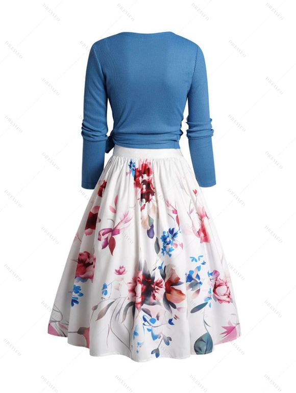 Ensemble de Top Enveloppé en Couleur Unie en Tricot Croisé et Jupe Mi-Longue à Imprimé Fleur - Bleu XXL
