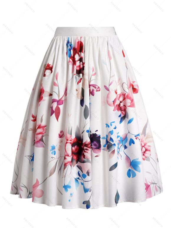 Ensemble de Top Enveloppé en Couleur Unie en Tricot Croisé et Jupe Mi-Longue à Imprimé Fleur - Bleu XXL