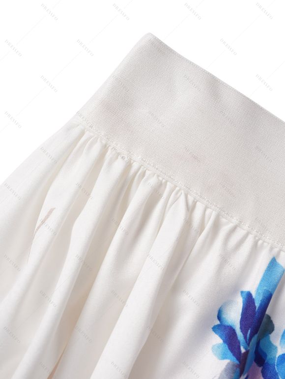 Ensemble de Top Enveloppé en Couleur Unie en Tricot Croisé et Jupe Mi-Longue à Imprimé Fleur - Bleu XXL