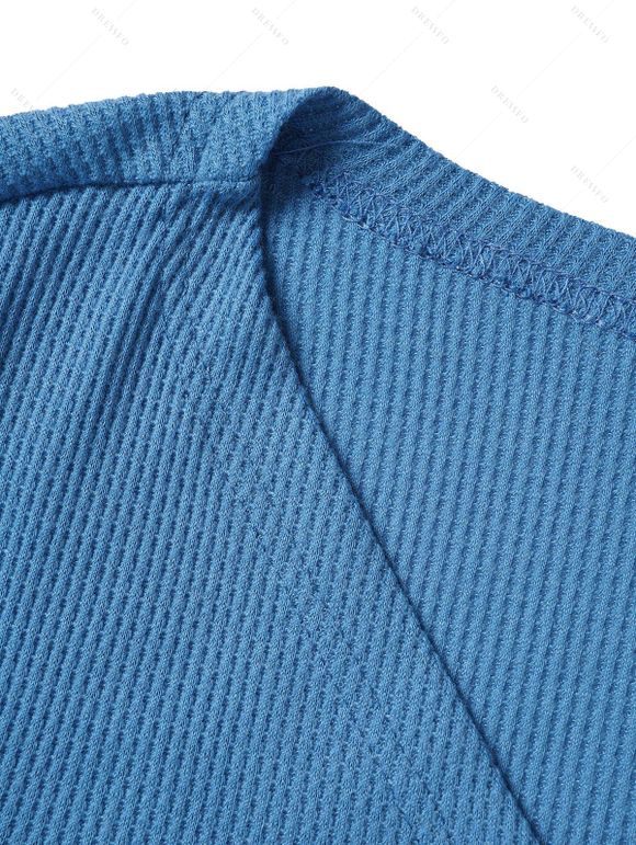 Ensemble de Top Enveloppé en Couleur Unie en Tricot Croisé et Jupe Mi-Longue à Imprimé Fleur - Bleu XXL