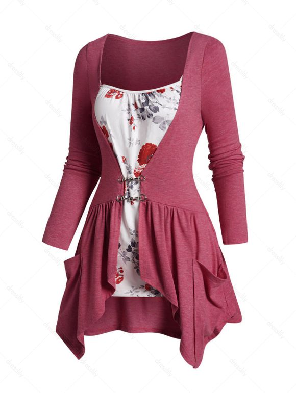T-shirt Asymétrique à Imprimé Fleur avec Poche Jointive à Manches Longues 2 Pièces - Rouge XXXL