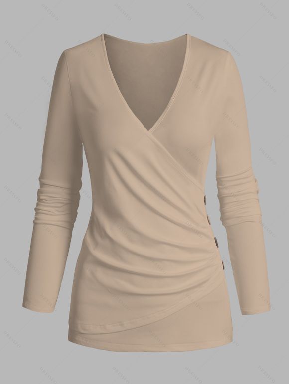 T-shirt Décontracté en Couleur Unie Manches Longues à Col Plongeant à Volants - café lumière S