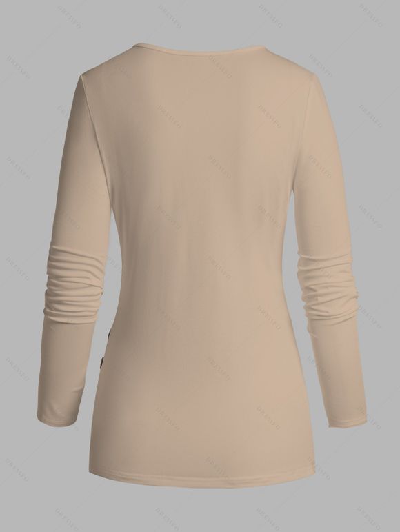 T-shirt Décontracté en Couleur Unie Manches Longues à Col Plongeant à Volants - café lumière S