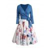 Ensemble de Top Enveloppé en Couleur Unie en Tricot Croisé et Jupe Mi-Longue à Imprimé Fleur - Bleu L