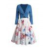 Ensemble de Top Enveloppé en Couleur Unie en Tricot Croisé et Jupe Mi-Longue à Imprimé Fleur - Bleu L