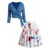 Ensemble de Top Enveloppé en Couleur Unie en Tricot Croisé et Jupe Mi-Longue à Imprimé Fleur - Bleu L