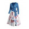 Plain Color Textured Knit Crossover Wrap Top And Flower Print Midi A Line Skirt Outfit - BLUE XXL