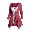 T-shirt Asymétrique à Imprimé Fleur avec Poche Jointive à Manches Longues 2 Pièces - Rouge XXXL