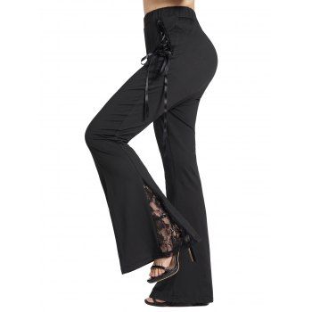 

Plus Size Gothic Lace Up Flare Pants Plain Color Lace Patchwork Elastic Waist Casual Pants, Black