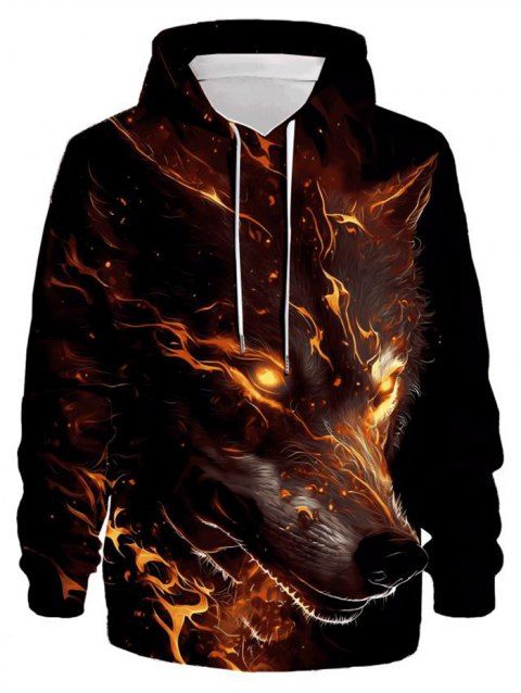 3D Fire Wolf Print Hoodie Long Sleeve Drawstring Hoodie