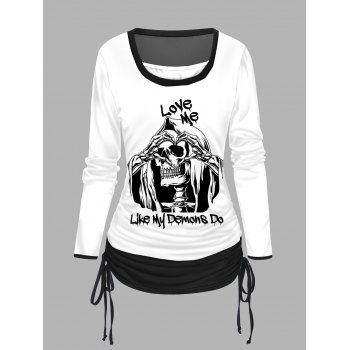 

Halloween Skeleton and Letter Print Top Colorblock Cinched Contrast Piping Faux Twinset Top, White