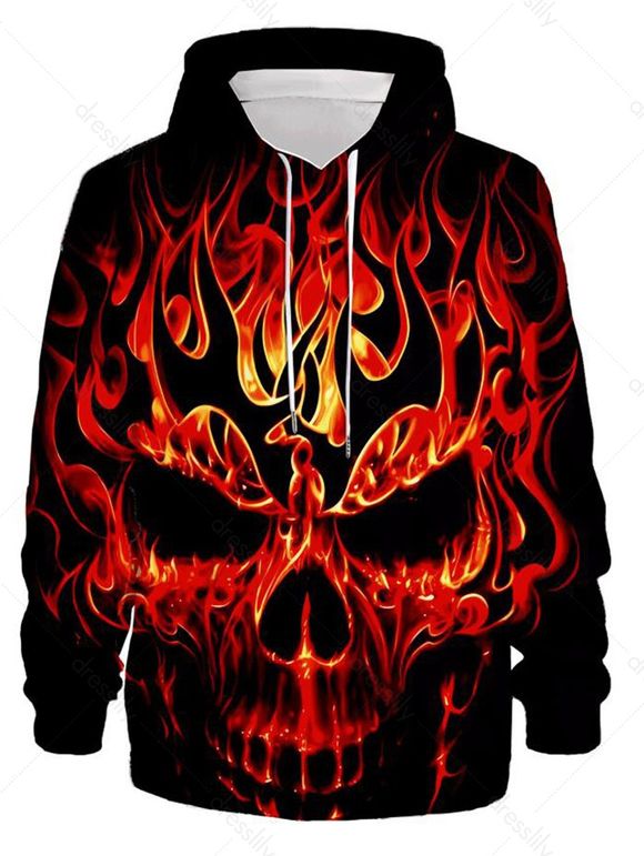 Sweat à Capuche D'Halloween à Imprimé Crâne en Feu en Blocs de Couleurs à Manches Longues à Cordon - multicolor 3XL