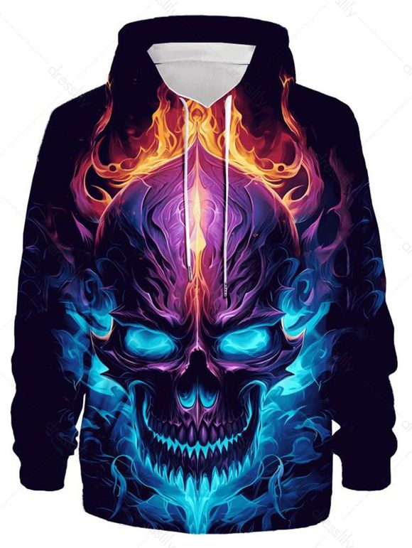 Sweat-Shirt à Capuche avec Cordon de Serrage à Imprimé Crâne et Feu D'Halloween - multicolor 3XL
