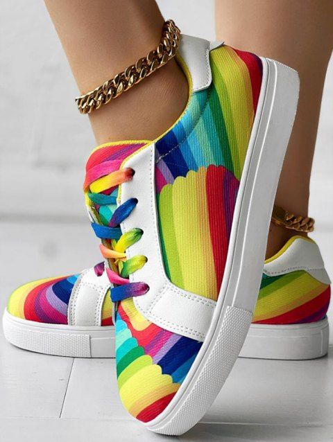 Colorful Rainbow Lace Up Low Top Casual Shoes