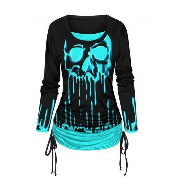 

Halloween Ghost Print Colorblock Top Cinched Ruched Faux Twinset Top, Black