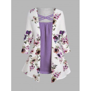 

Plus Size 2 en 1 Long Top Flower Print Crossover Faux Twinset Casual Top, Purple