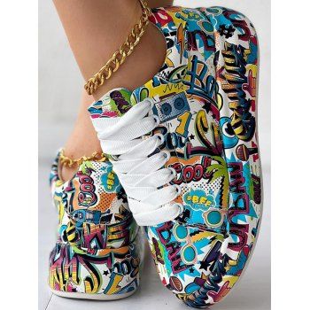 

Graffiti Allover Print Lace Up Streetwear Casual Shoes, Green