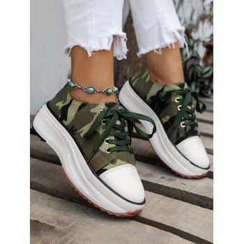 

Camouflage Print Lace Up Chunky Heel Casual Shoes, Deep green