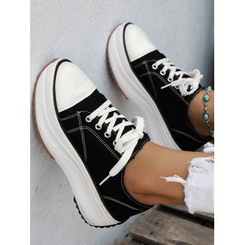 

Contrast Piping Lace Up Chunky Heel Casual Canvas Shoes, Black