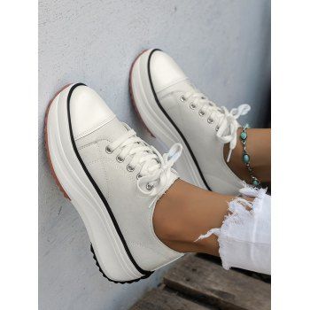 

Contrast Piping Lace Up Chunky Heel Casual Canvas Shoes, White