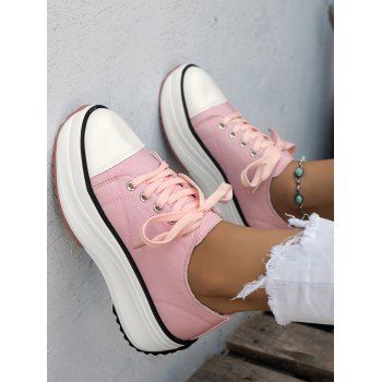 

Contrast Piping Lace Up Chunky Heel Casual Canvas Shoes, Light pink