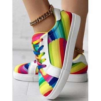 

Colorful Rainbow Lace Up Low Top Casual Shoes, Multicolor a