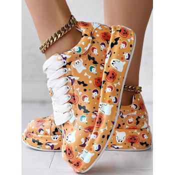 

Halloween Graffiti Allover Print Lace Up Streetwear Trendy Shoes, Multicolor a