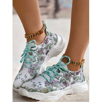 

Floral Pattern Lace Up Breathable Running Shoes, Multicolor a