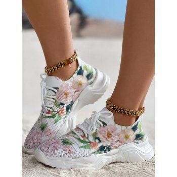 

Flower Print Breathable Lace Up Running Sports Shoes, Multicolor a