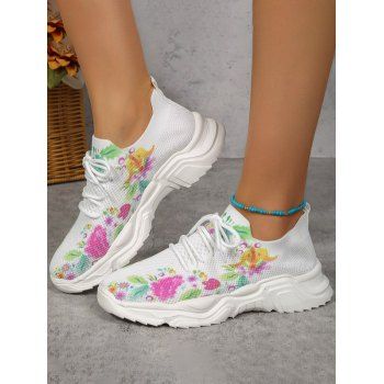 

Floral Pattern Lace Up Breathable Sports Shoes, Multicolor a