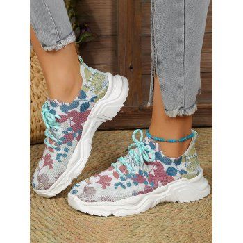 

Plant Print Breathable Lace Up Sports Shoes, Multicolor a