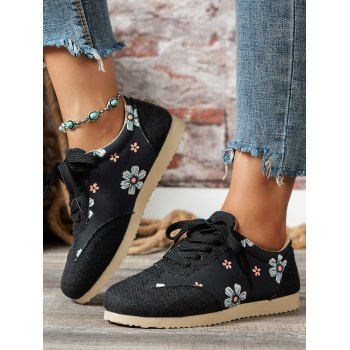 

Colorblock Floral Pattern Patchwork Lace Up Vintage Flat Shoes, Black