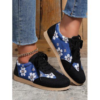 

Floral Pattern Patchwork Lace Up Casual Flat Shoes, Black