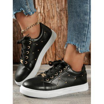 

Topstitching Bead Decor Lace Up Low Top Casual Shoes, Black