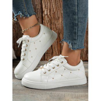 

Topstitching Bead Decor Lace Up Low Top Casual Shoes, White