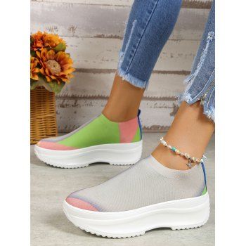 

Colorblock Knit Detail Chunky Heel Slip On Casual Shoes, Multicolor a