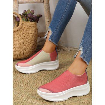 

Colorblock Knit Detail Chunky Heel Slip On Casual Shoes, Multicolor b