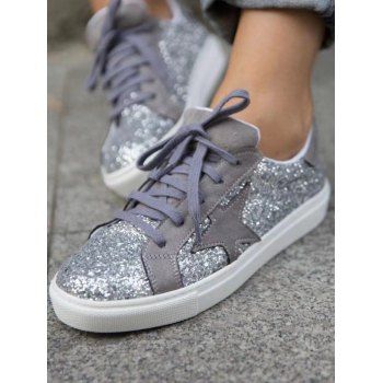 

Sequins Decor Lace Up Front Casual Shoes, Silver