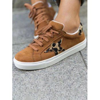 

Leopard Star Decor Lace Up Front Casual Shoes, Coffee