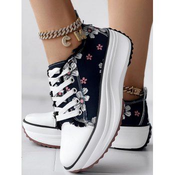 Floral Pattern Frayed Raw Hem Chunky Heel Canvas Shoes