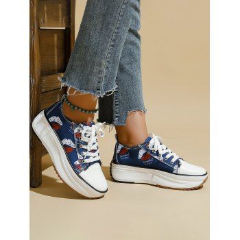 

Lips Print Frayed Raw Hem Chunky Heel Casual Canvas Shoes, Blue