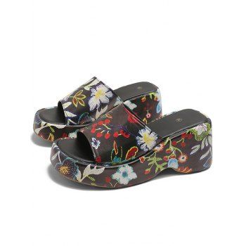 

Floral Print Wedge Heel Slip On Casual Sandals, Black