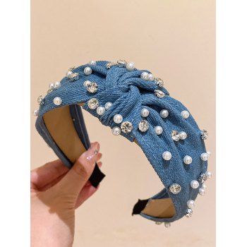 

Faux Pearls and Rhinestones Decor Twist Wide Headband, Blue