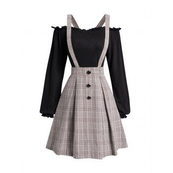 

Ruffle Trim Off The Shoulder Top and Check Print Cross Suspender Skirt Outfit, Black