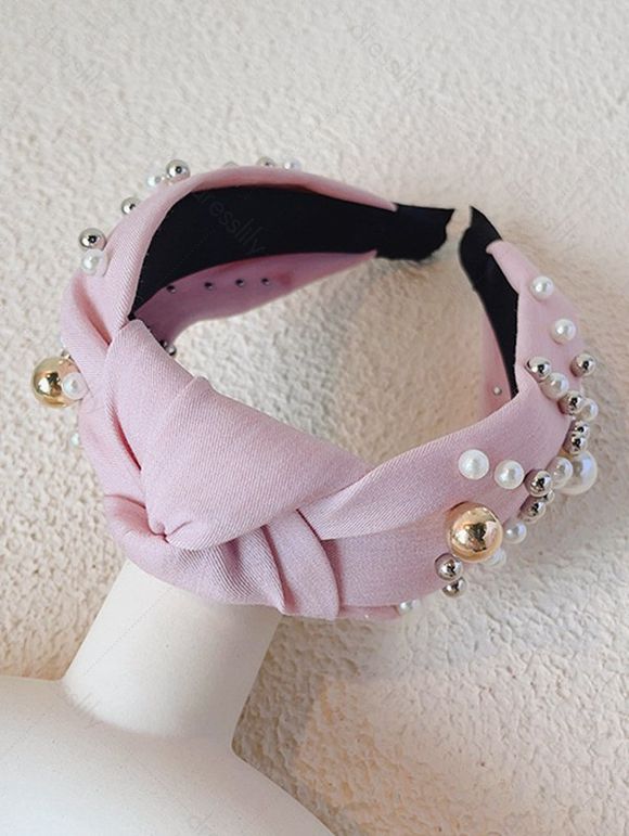 Bandeau Large Simple en Couleur Unie avec Fausse Perle - Rose clair 