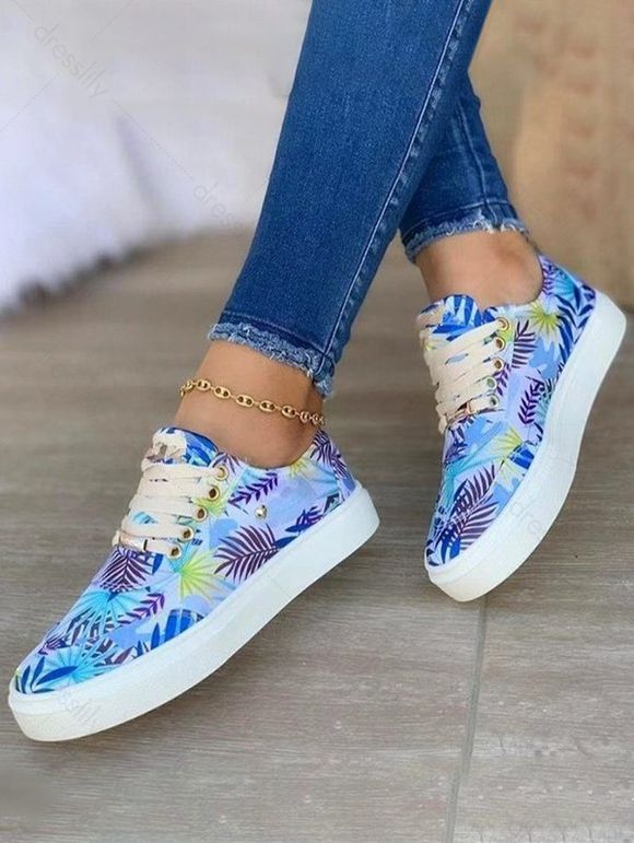 Tropical Palm Leaves Print Lace Up Casual Shoes - Bleu EU 43