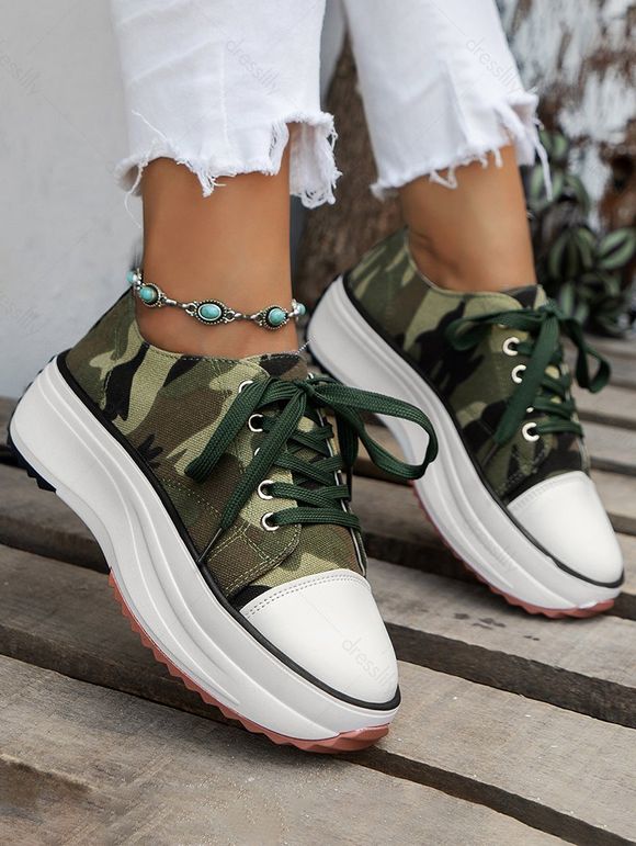 Camouflage Print Lace Up Chunky Heel Casual Shoes - Vert profond EU 37