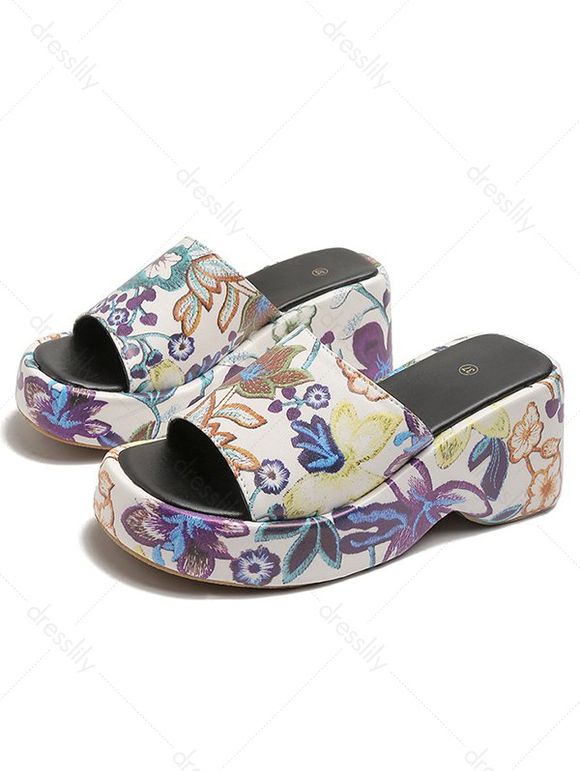 Floral Print Wedge Heel Slip On Casual Sandals - Pourpre EU 42